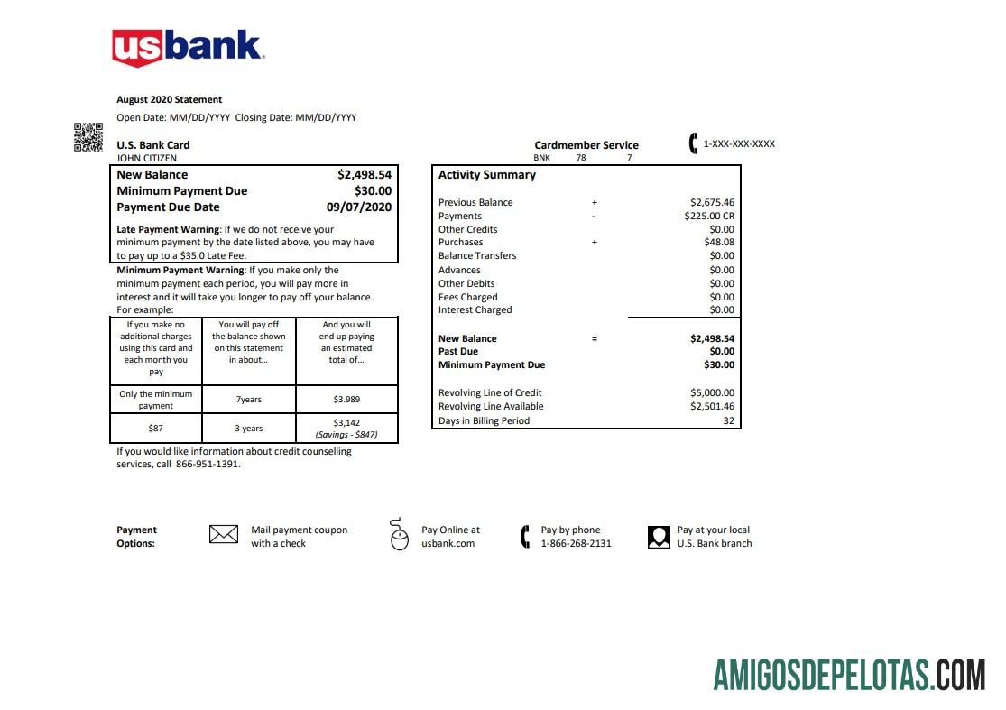Modelo realista de extrato de cartão de crédito bancário dos EUA nos formatos .doc e .pdf